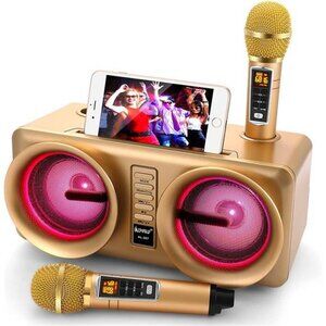 Portable PA Speaker System with Colorful LED Lights and 2 Karaoke Microphones